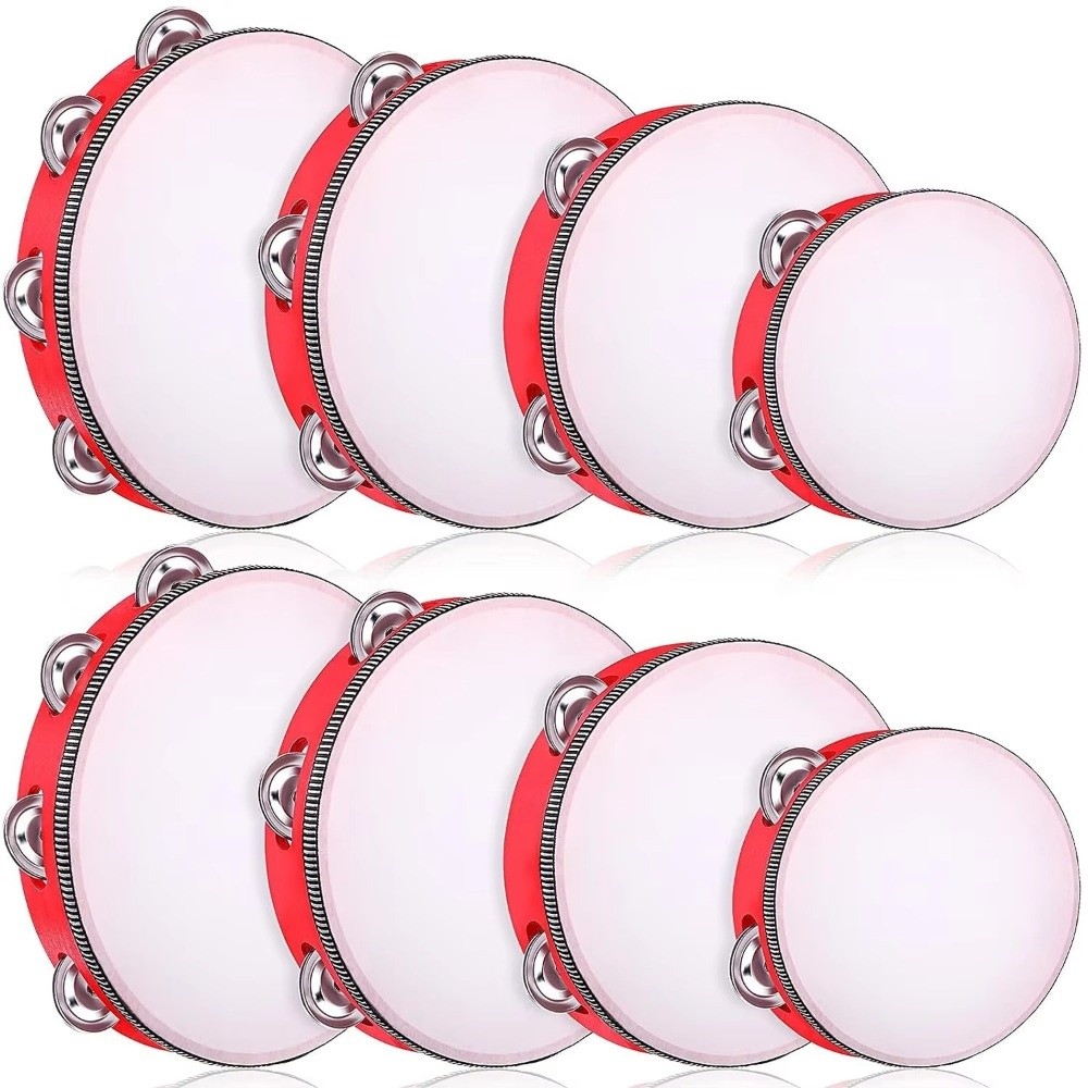 Tambourine Hand Drum - กลองมือถือขนาด 4/6/8/10 นิ้ว พร้อมเสียงจิงเกิลโลหะ ของเล่นกลองสำหรับเด็ก เครื่องดนตรีเคาะจังหวะไม้