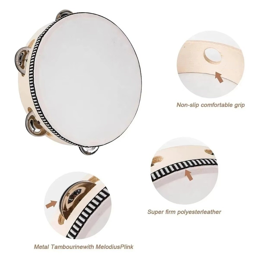 Tambourine Hand Drum - 4/6/8/10 นิ้วกลองมือถือไม้โลหะจิงเกิลส์ แทมบูรีนกลองเครื่องดนตรีกลองเด็กกลอง